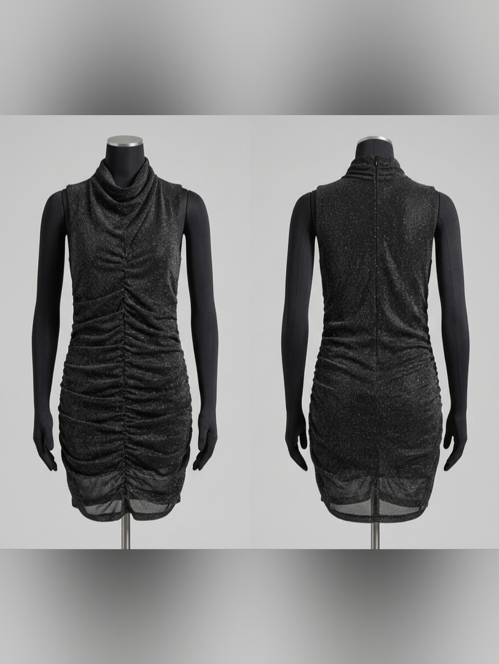 AllSaints Tia metallic gunmetal ruched mini dress.